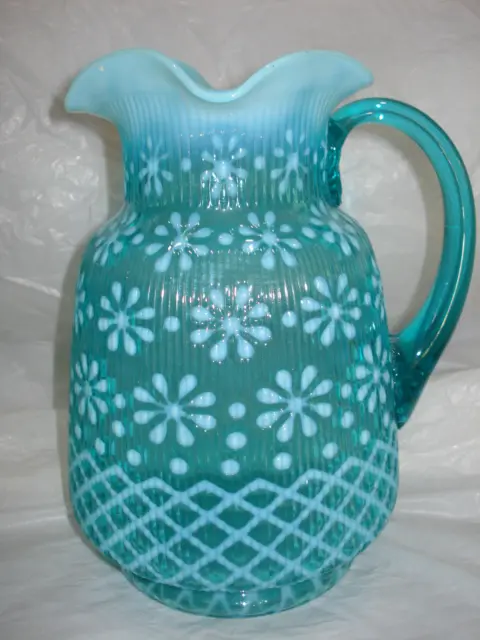 NORTHWOOD GLASS BLUE CHRISTMAS SNOWFLAKE OPALESCENT RIBBED PITCHER, 1890's read!