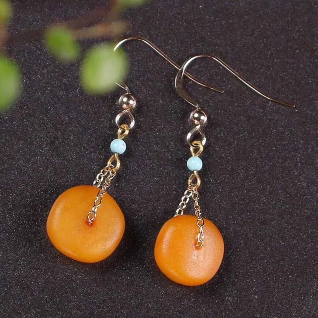9ct Yellow Gold on Silver Baltic Amber Dropper Hook Earrings Party Jewelry Lucky