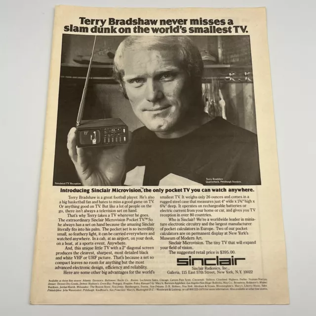 1978 Sinclair Microvision Pocket TV Vintage Print Ad 8x11" Terry Bradshaw