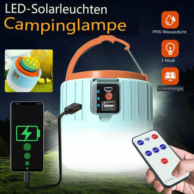 LED Solarleuchte Outdoor Camping Lampe USB Aufladbar Laterne Akku Zelt Licht DHL