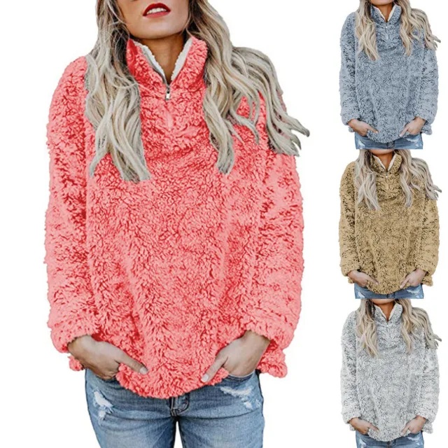 Womens Warm Teddy Bear Fleece Fur Jumper Sweatshirt Winter Fluffy Pullover Tops
