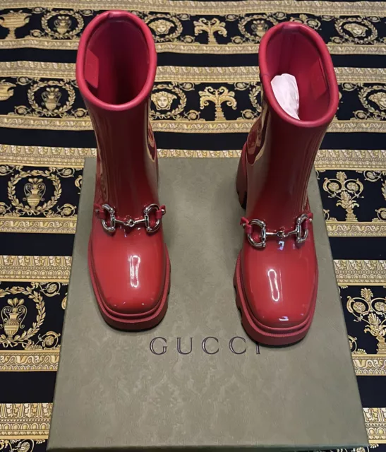 NEW 100% AUTHENTIC Gucci Horsebit Rubber Bootie Women's Boots Rain G 38