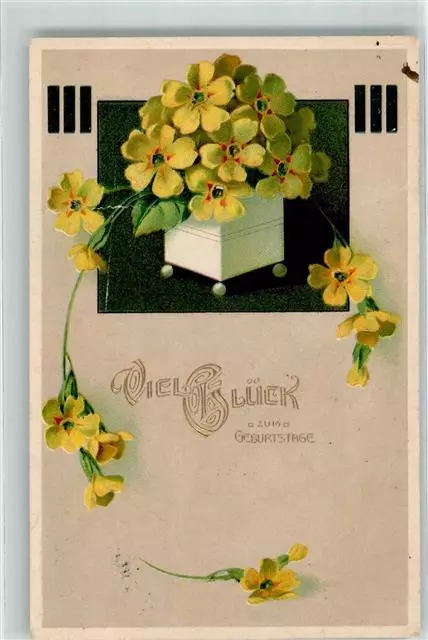 39600322 - Glueckwunsch Schluesselblumen Jugendstil Lithographie Geburtstag 1908