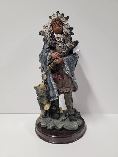 Native American Chief Holding An Axe With A Wolf Near Figurine