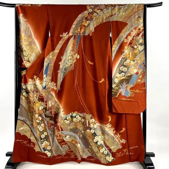 Japanese kimono SILK"FURISODE" long sleeves,GLD thread/leaf,Coach, L5.6"..3702