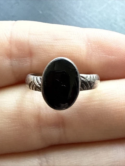 Bague Ancienne En Argent Massif 925 Avec Onyx - Jonc Alliance Créateur - Sans Marque