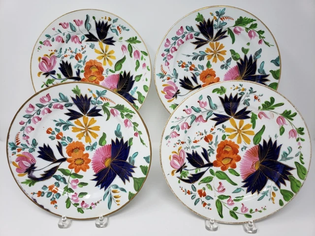 18th-19th Century COALPORT "Bow"-Set of 4 Antique Hand Painted Floral Plates