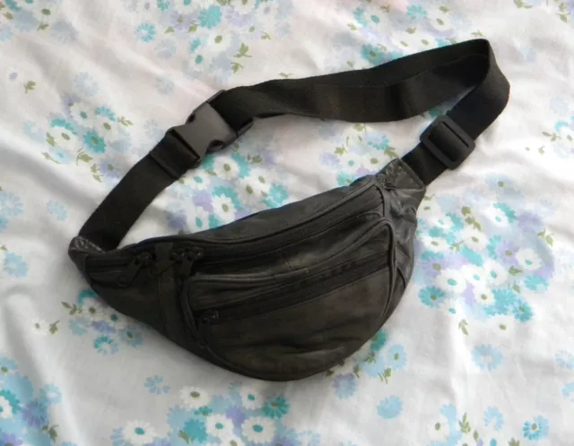 Quality Leather Black BumBag Fanny Pack Black zips bum bag waist strap belt