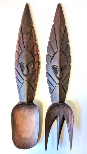 Large Vintage Hand Carved Wooden Tiki Salad Servers 38Cm Long