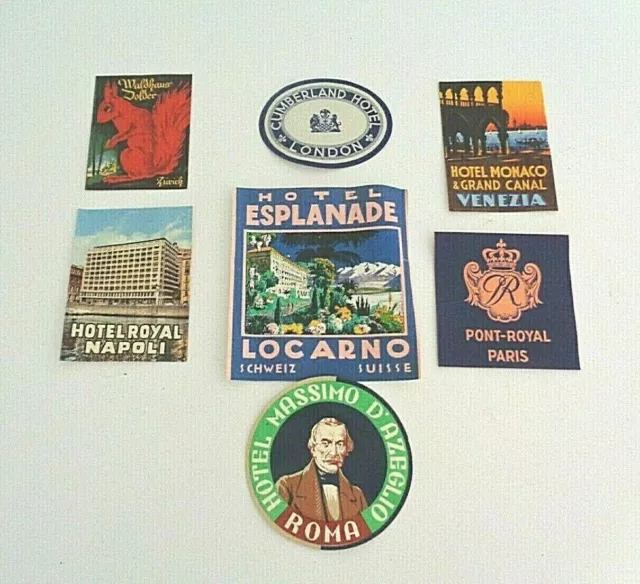 Lot 7 Unused Vintage Steam Trunk Luggage Travel Labels Decals European Hotels