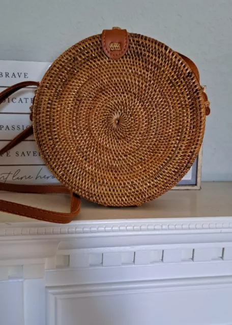 Handwoven Round Rattan Wicker Straw Shoulder Bag Crossbody Purse Boho Natural 8”