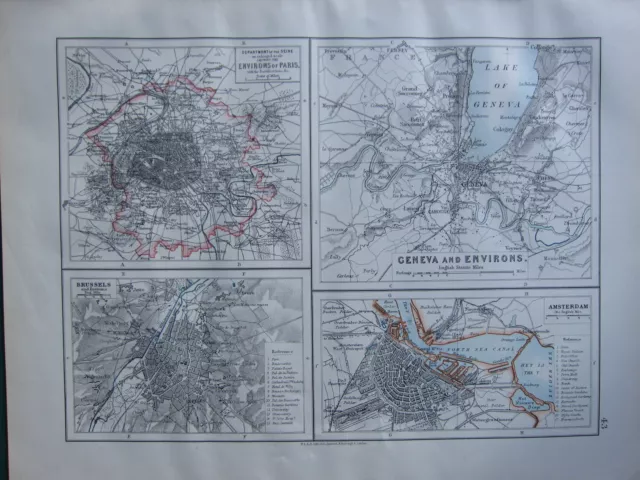 1900 Victorian Map ~ Geneva & Surroundings~ Paris Brussels Amsterdam Plan
