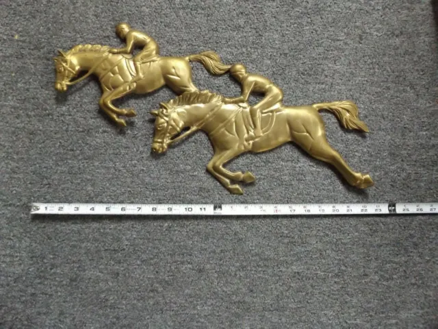 Solid Brass Wall Hanging Plaque of Two Horses Racing With Jockey Riders