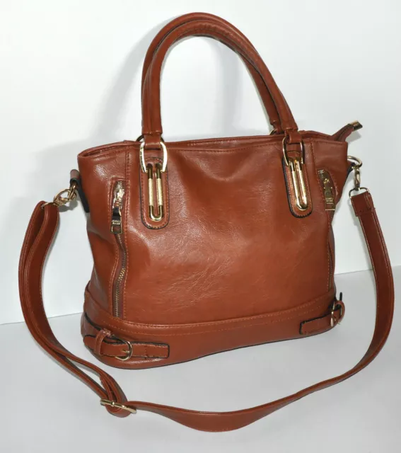 Chrispaulo Brown Faux Leather Large Satchel Shoulder Bag w/ Detachable Strap