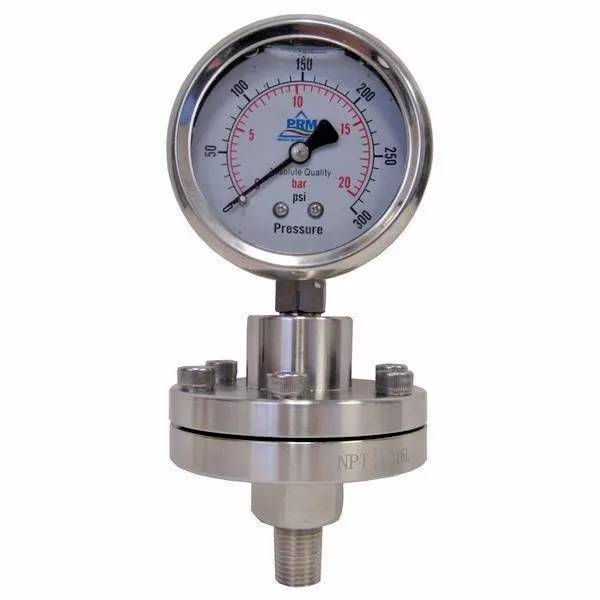 PRM 2.5 Inch Pressure Gauge: 0-300 PSI, ¼ Inch MNPT 316 SS Diaphragm Protector