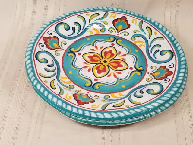 2 IL MULINO DINNER PLATES MELAMINE Spanish Tile Floral plates Light Blue Red