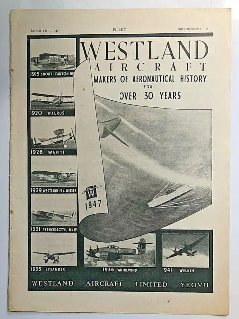 1947 Aircraft Advert WESTLAND 30 YEARS AERONAUTICAL HISTORY WELKIN SHORT CANTON