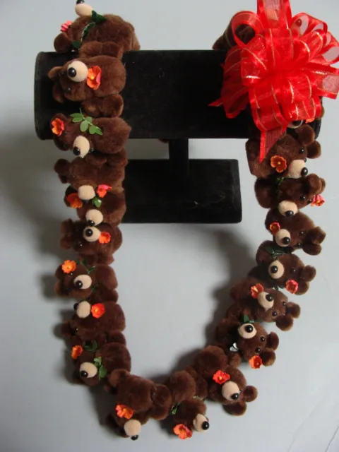 Hawaiian Dark Brown Teddy Bear Pom Pom Lei Graduation Gift Maile Red Flower