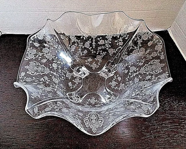 "1930's Rose Point" 11.5" Cambridge Elegant Depression Glass Etch L Footed Bowl