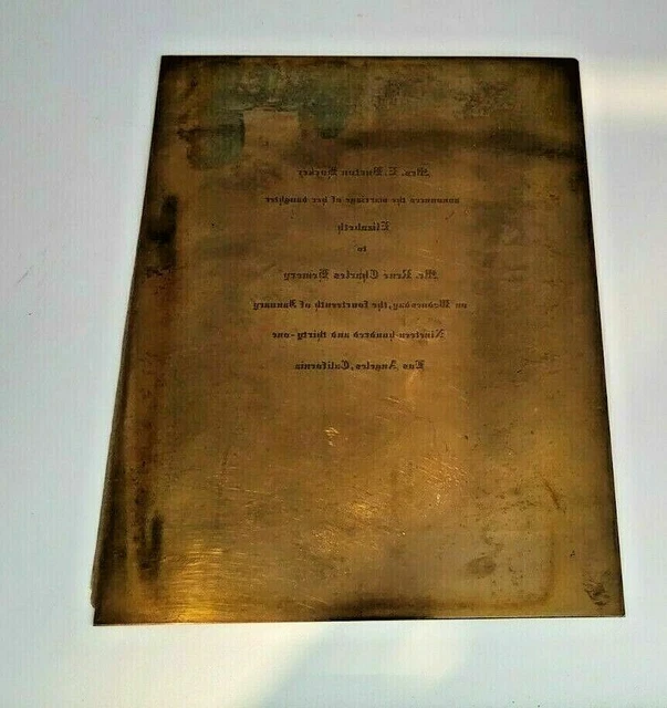 Antique Printing Plate Copper 1931 Wedding Invitation Los Angeles California