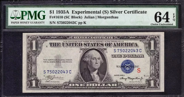1935 A $1 Silver Certificate Fr.1610 Experimental S Sc Block Pmg Cu 64 Epq (043C