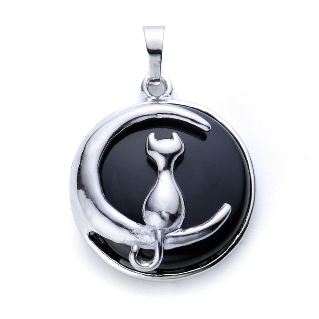 Natural Gemstone Cat and Moon Round Reiki Chakra Pendant Charms Amulet Energy