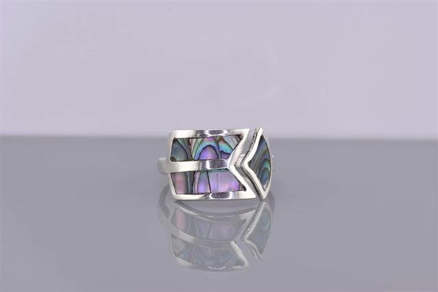 Sterling Silver Mosaic Abalone Arrow Chevron Wrap Band Ring Mex 925 Sz: 8