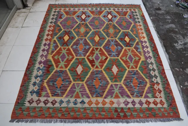 5'5 x 6'5 Handmade afghan tribal khotrang wool area kilim rug, 5x7 persian rug