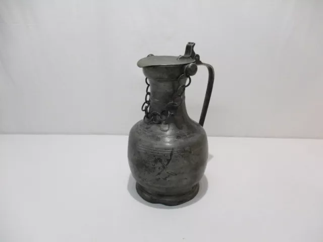 Ancien Grand Pichet En Etain Broc Cruche Balustre A Chainette Poincons