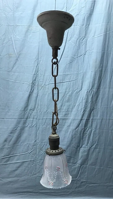 Victorian Hanging Brass Ceiling Light Fixture 5" Textured Glass Shade 1232-22B
