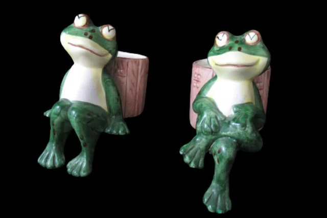 Set of 2 Vintage 1989 Bandwagon Inc Shelf Sitting Frog Planters Small Ceramic