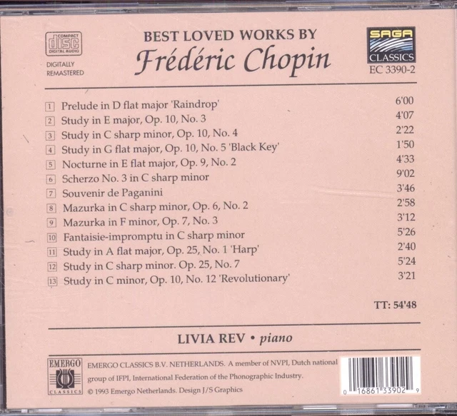 EC33902 LIVIA REV Chopin Ses Œuvres Les Plus Aimées CD Saga 1993 UK EUR ...