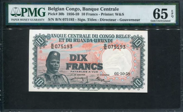 Belgian Congo 1955-1959 ( 1958 ), 10 Francs, P30b,PMG 65 EPQ GEM UNC
