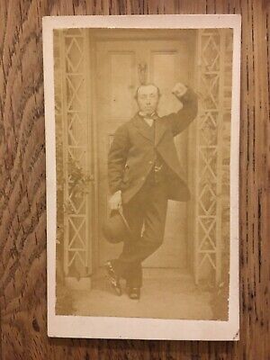 Victorian Character Quirky Pose at Front Door Bowler Hat CDV Victorian Photo.