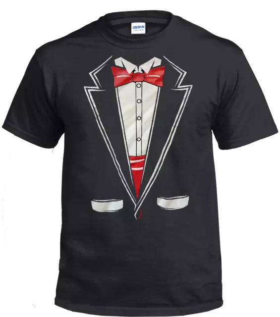 NEW TUXEDO GILDAN COTTON T SHIRT Fancy Dress Joke Novelty Tee Suit With Bow Tie