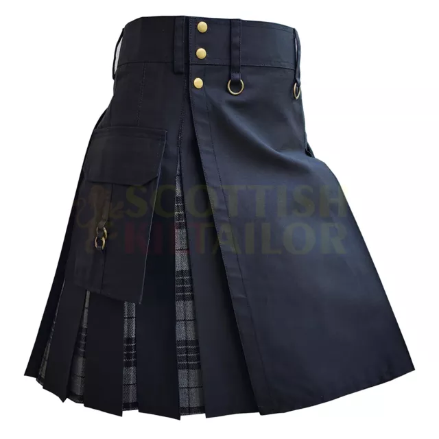 Handmade Black With Grey Watch Tartan Hybrid Kilt For Men Custom Size Kilt