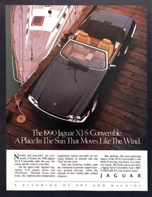 1990 Jaguar XJS Convertible on Dock photo "Moves Like the Wind" vintage print ad