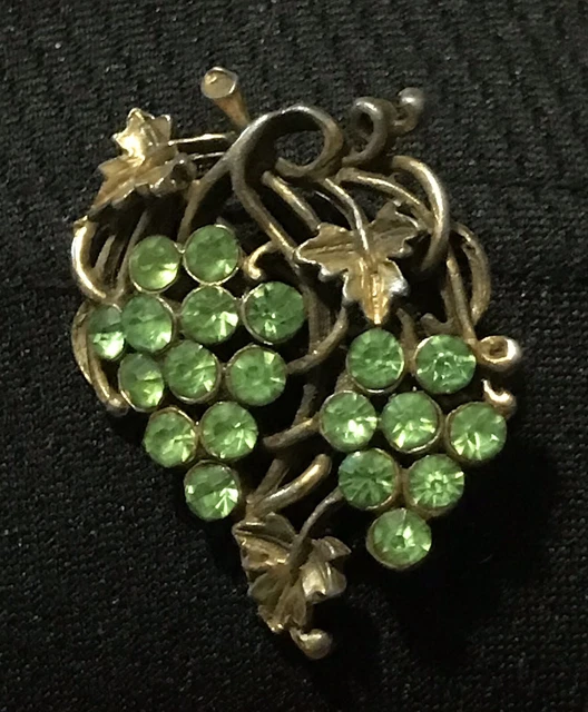 Vintage Peridot Rhinestone Grape Brooch, Costume Jewelry
