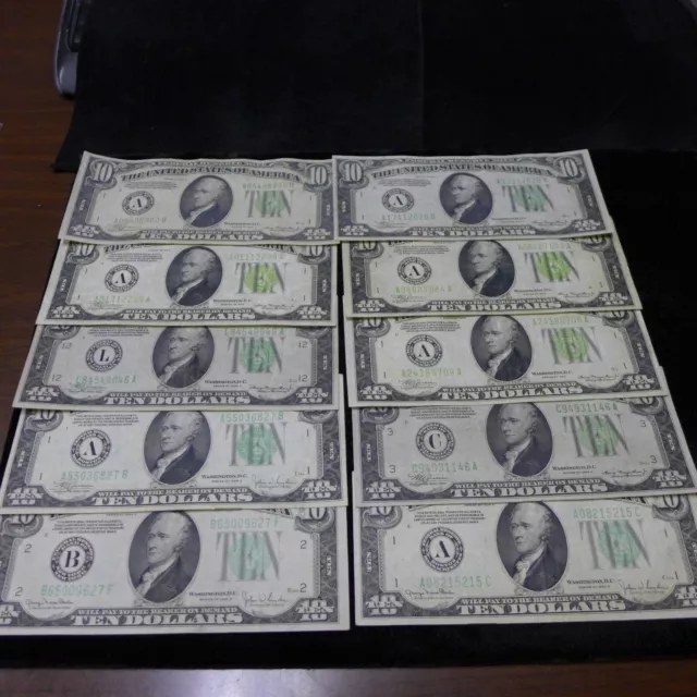 Lot of (10) $10 1934 Federal Reserve Notes - VF to XF - Nice!