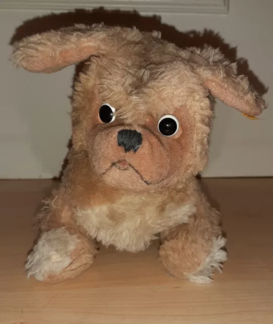 STEIFF - alt - HÜNDCHEN / HUND - mit Knopf + Fahne von 1970