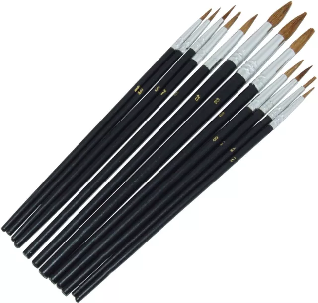 12 x POINTED ARTIST BRUSH SET Small/Large Art Paint Brushes Thin/Thick Detailed 2