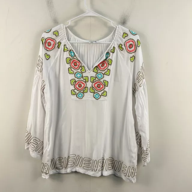Krista Lee Women Small Blouse Top White Embroidered Floral V Neck 3/4 Bell 15745