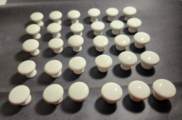 Classic White Porcelain Knobs/Pulls w/Brass Threads Lot of 30. Diameter 1 1/4"