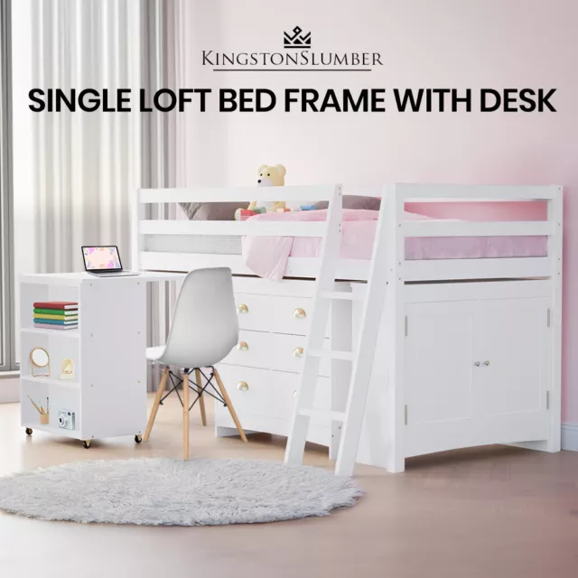 KINGSTON SLUMBER Wooden Kids Single Loft Bed Frame Desk Drawers Cabinet