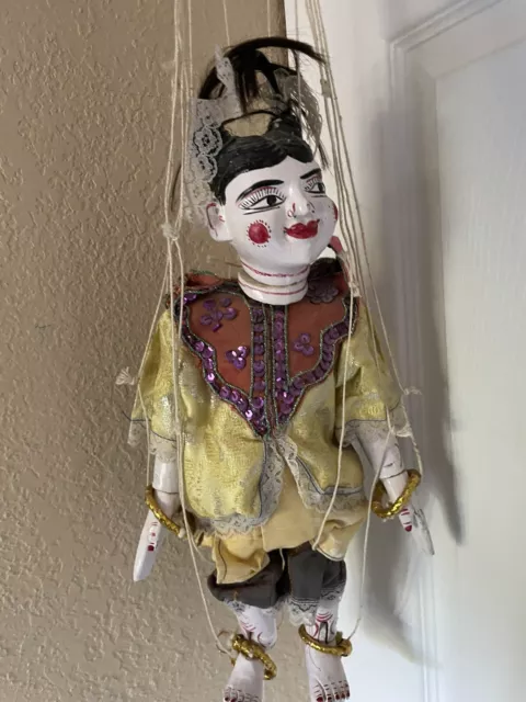 Antique Burmese Marionette Hand Made Wooden String Puppet 14” Vintage Toy