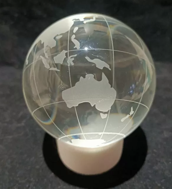 Vintage World Globe Earth Paperweight Etched Frosted Crystal Glass Clear