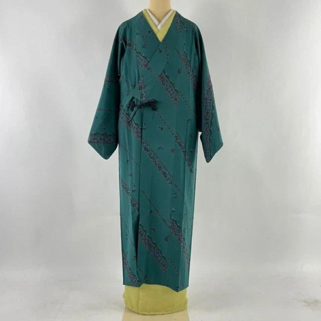 Woman Japanese Kimono Dochugi Long Haori Coat Jacket Silk Flowers Green