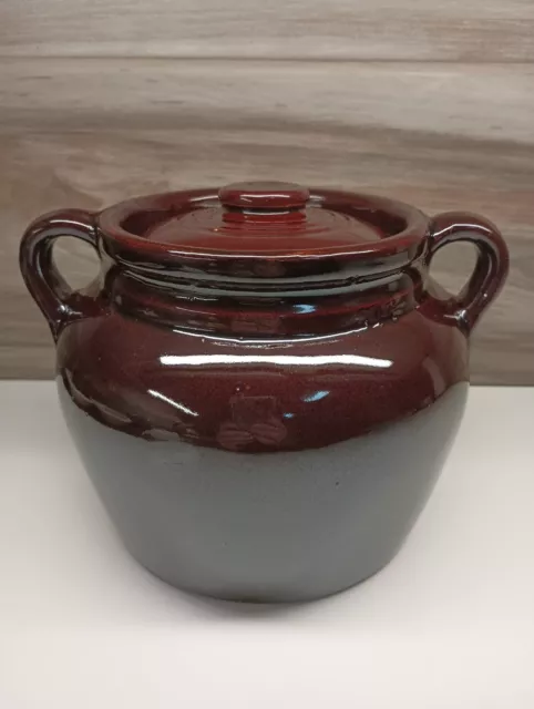 Vintage USA Red Ware Dark Brown 2 Handle Glazed Stoneware Crock Bean Pot w/Lid