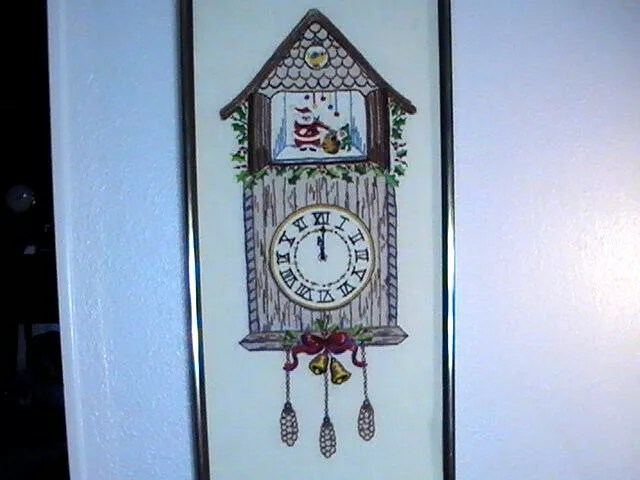 "Reloj Santa Cuco Completado Bordado con Aguja Punto de Cruz Años 70 13""x27"