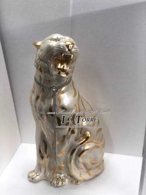 Animali in ceramica statua scultura Tigre bocca aperta avorio perlato e oro 90 c